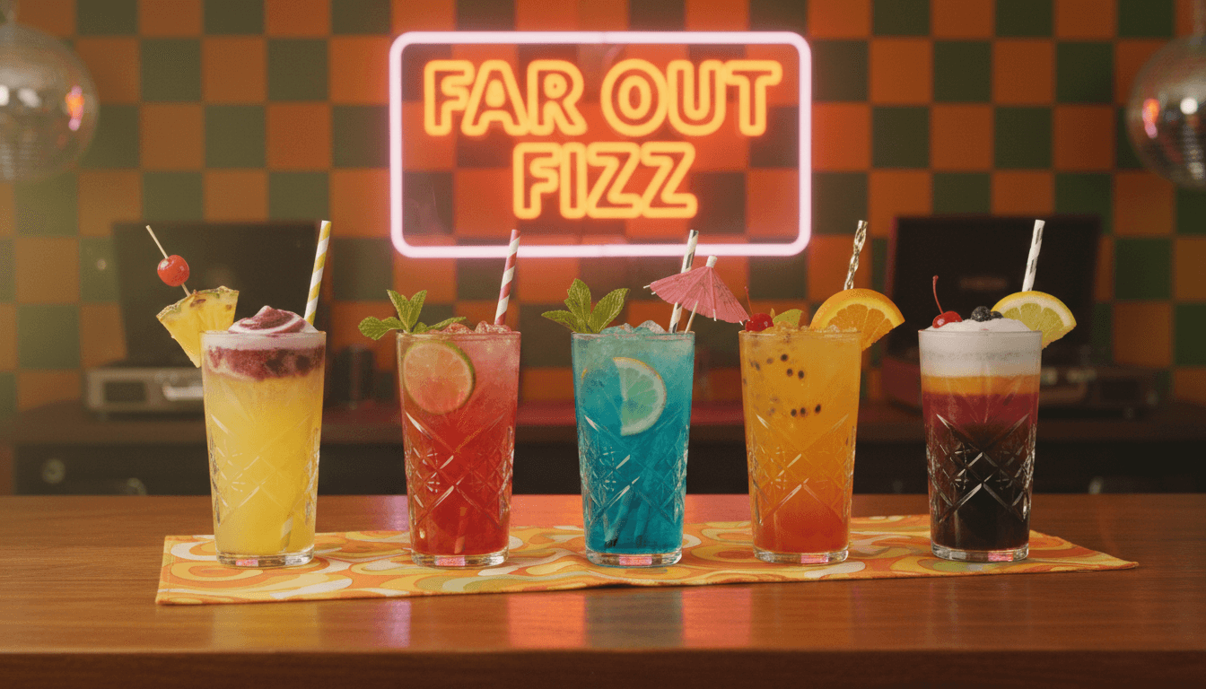 Colorful craft sodas and mixed drinks with bright retro 70s styling and vibrant presentation
