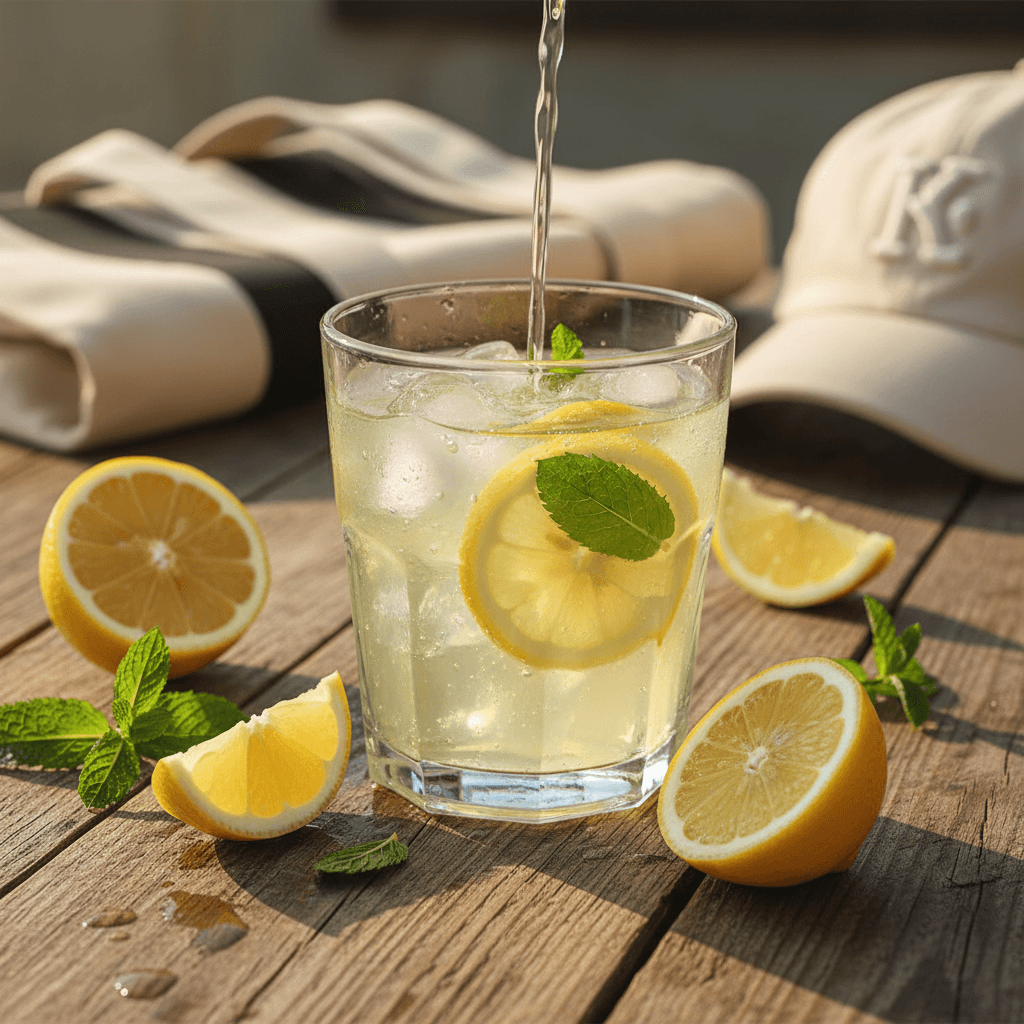 Citrus fruit juice drink with fresh lemon wheel