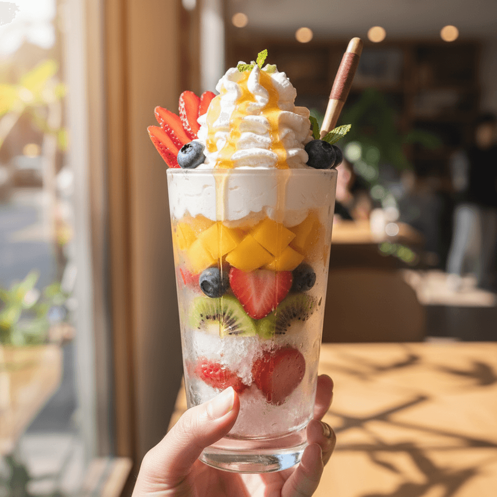 Signature dirty soda with layered colors and fruit garnish